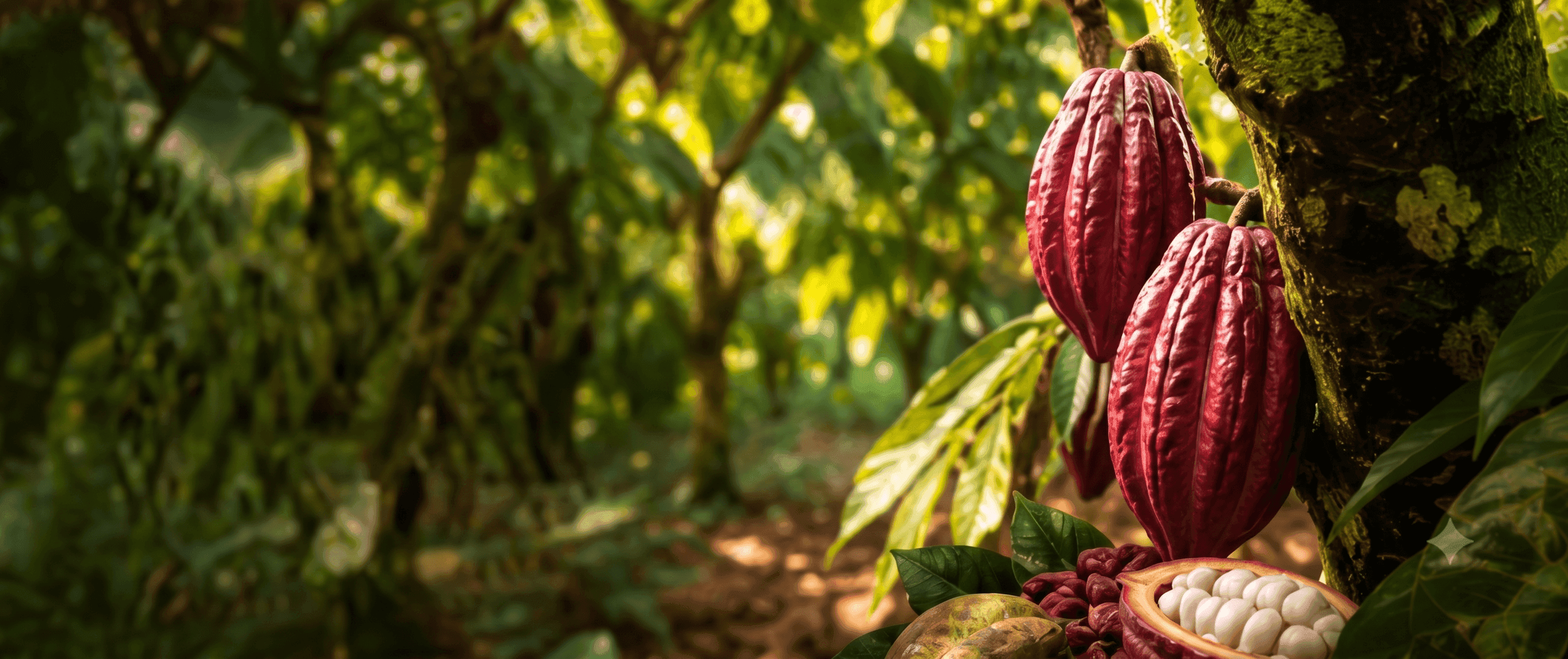 Mazorcas de cacao madurando en una finca dominicana